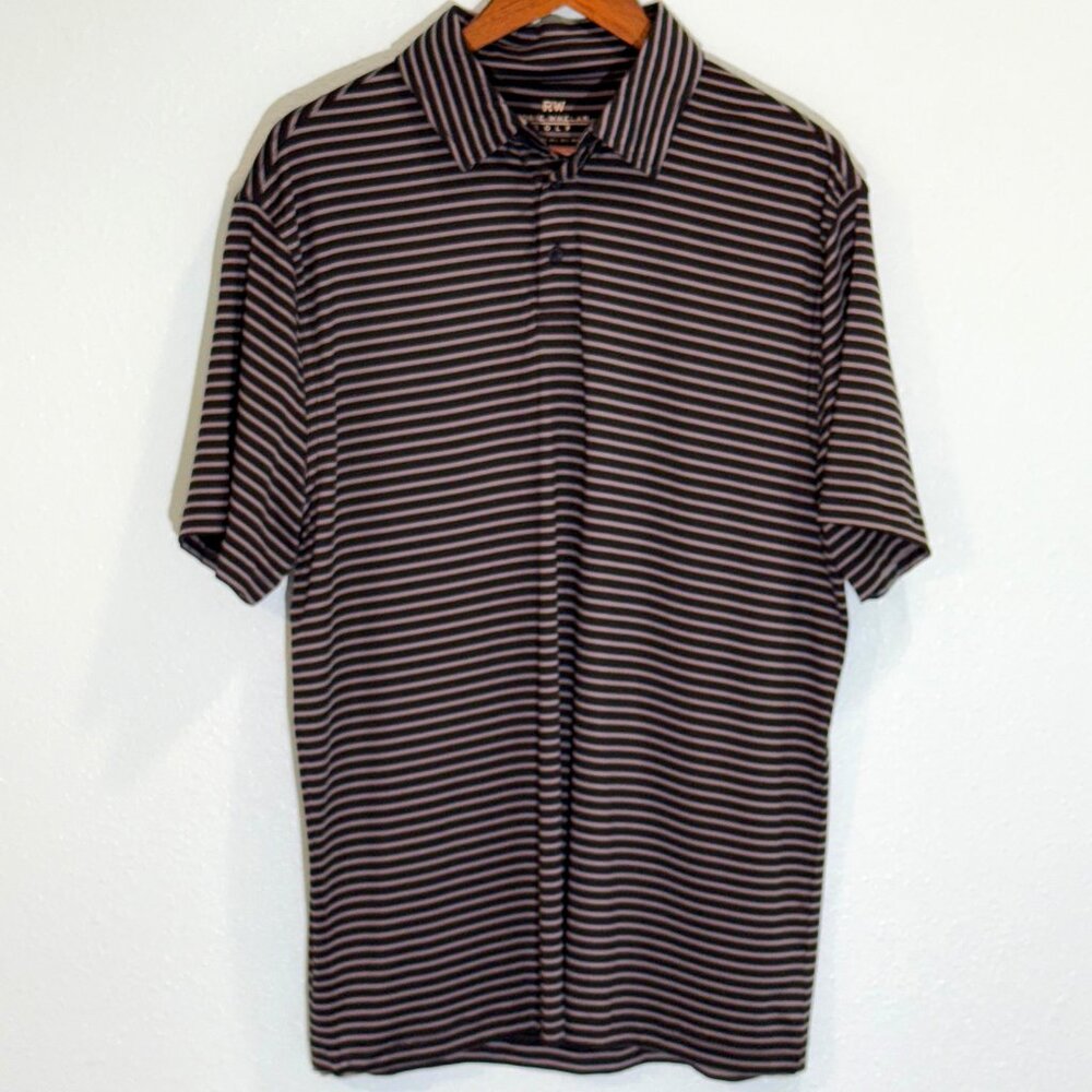 RW Rorie Whelan Golf Black Gray Striped Short Sleeve Polo Shirt Size Large‎